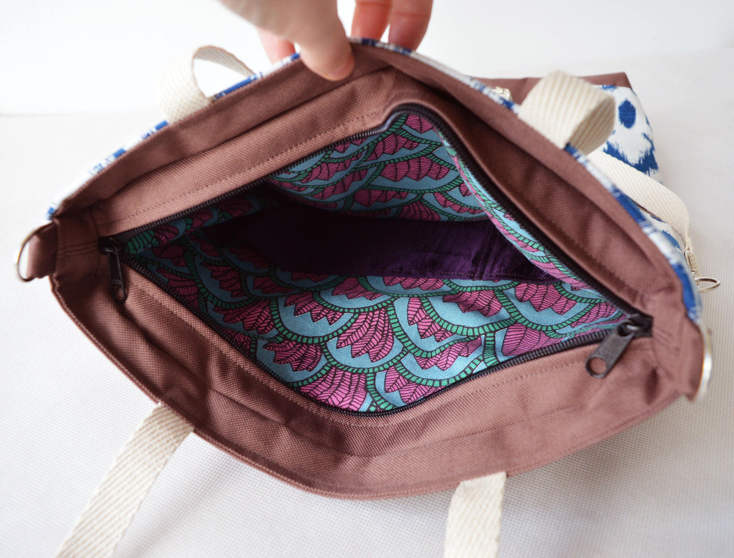 Large fold over canvas tote bag shopping bag casual fold over tote school bag brown damask brocade baroque book bag classy bag for women