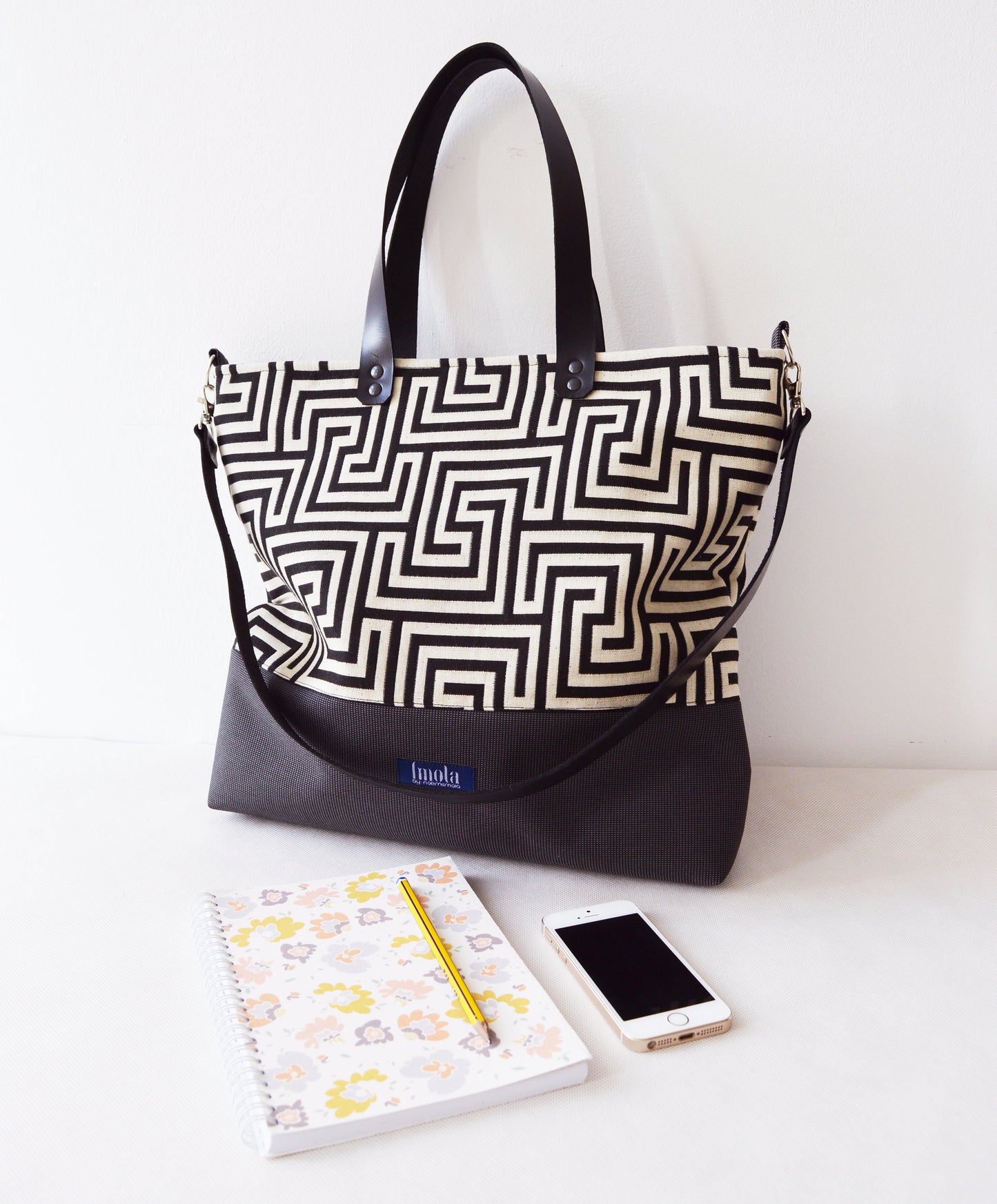 Large canvas tote bag shopping bag casual tote school bag black greek labyrinth pattern book bag black leather strap classy crossbody bag