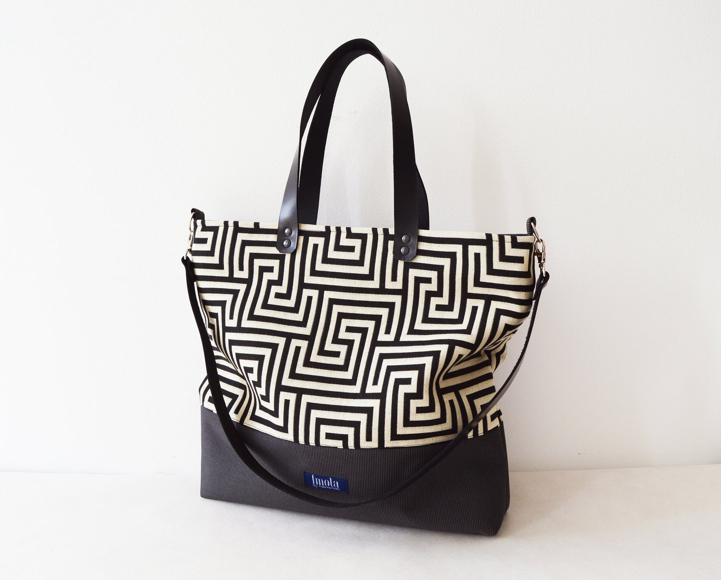 Large canvas tote bag shopping bag casual tote school bag black greek labyrinth pattern book bag black leather strap classy crossbody bag