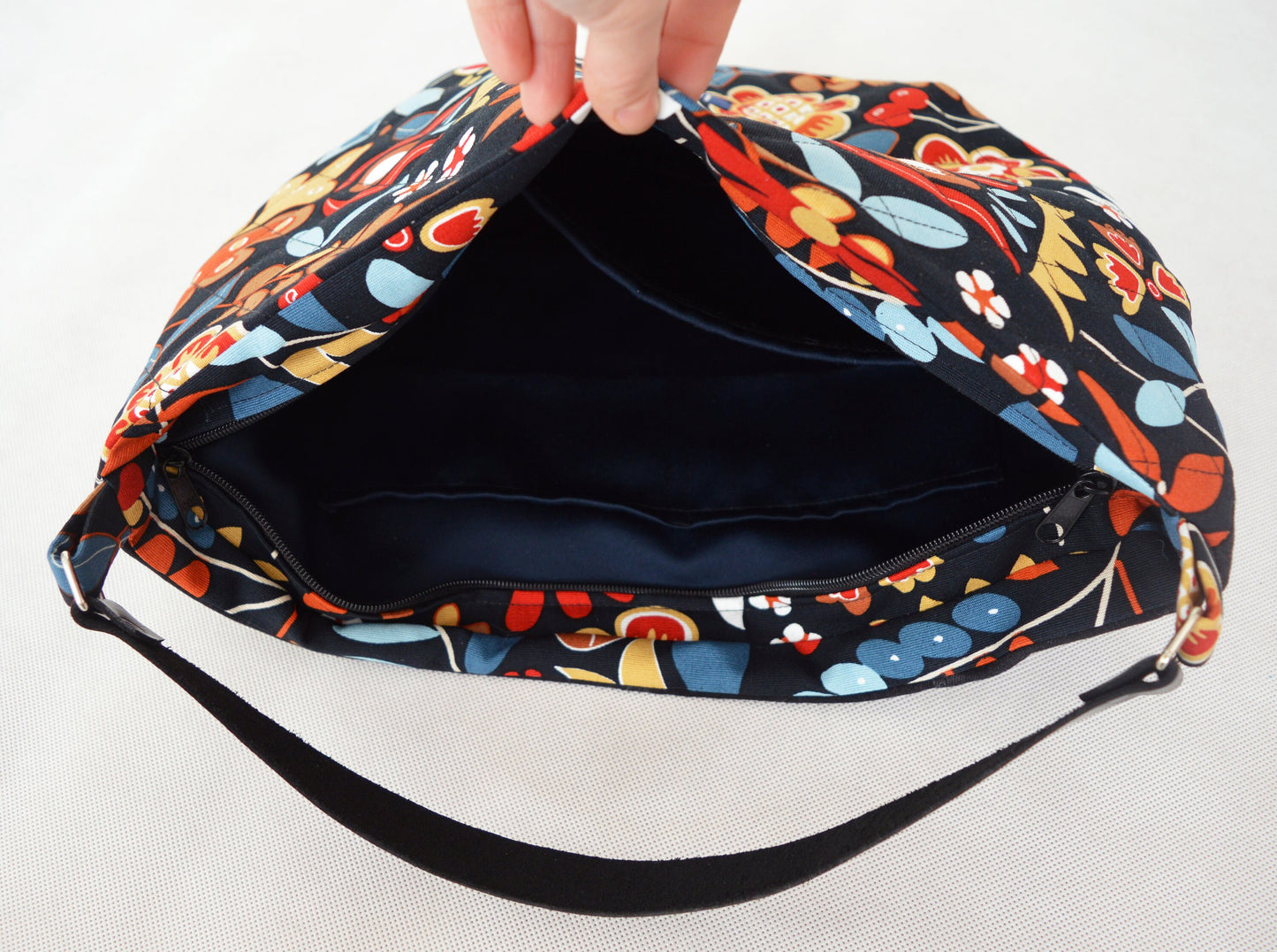 SALE Large floral hobo bag quilted black hobo tote bag flowers with black genuine leather strap for women shoulder bag handbag everyday bag