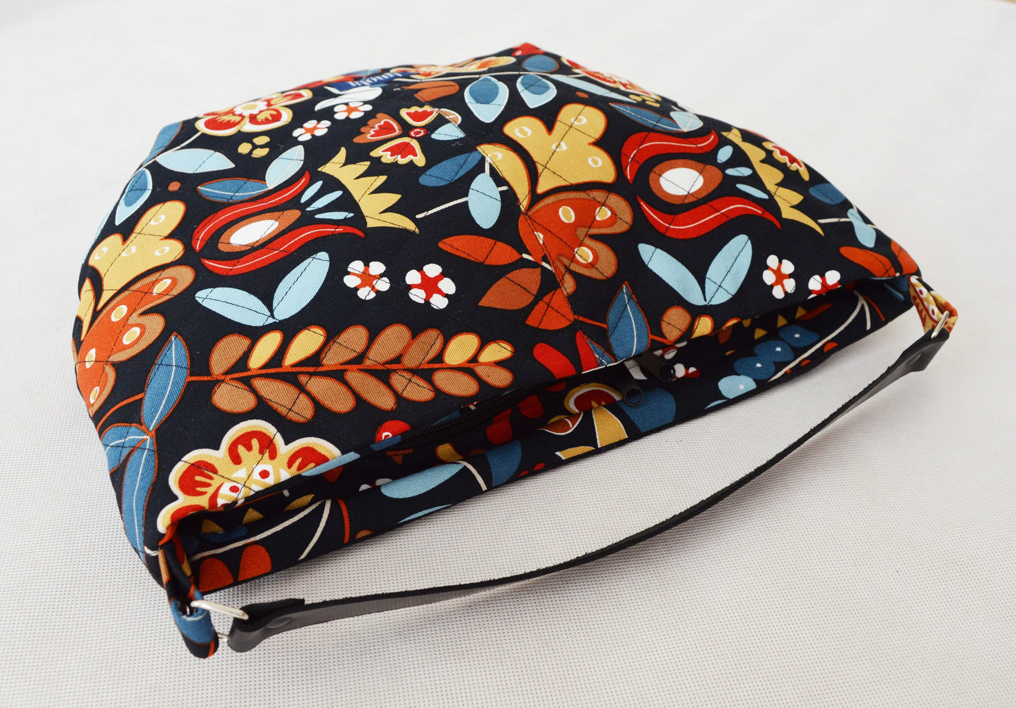 SALE Large floral hobo bag quilted black hobo tote bag flowers with black genuine leather strap for women shoulder bag handbag everyday bag