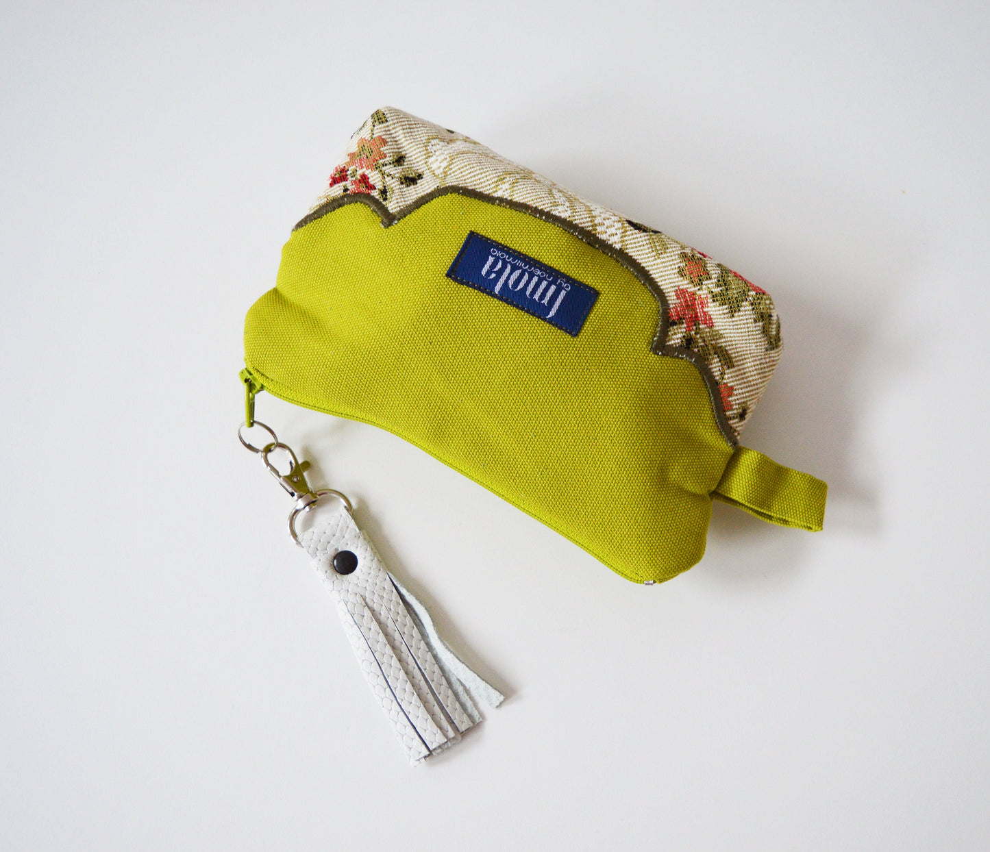 Cosmetic bag pouch pencil pouch beauty bag pencil case makeup bag zipper pouch lime green beige damask brocade leather tassel greenery