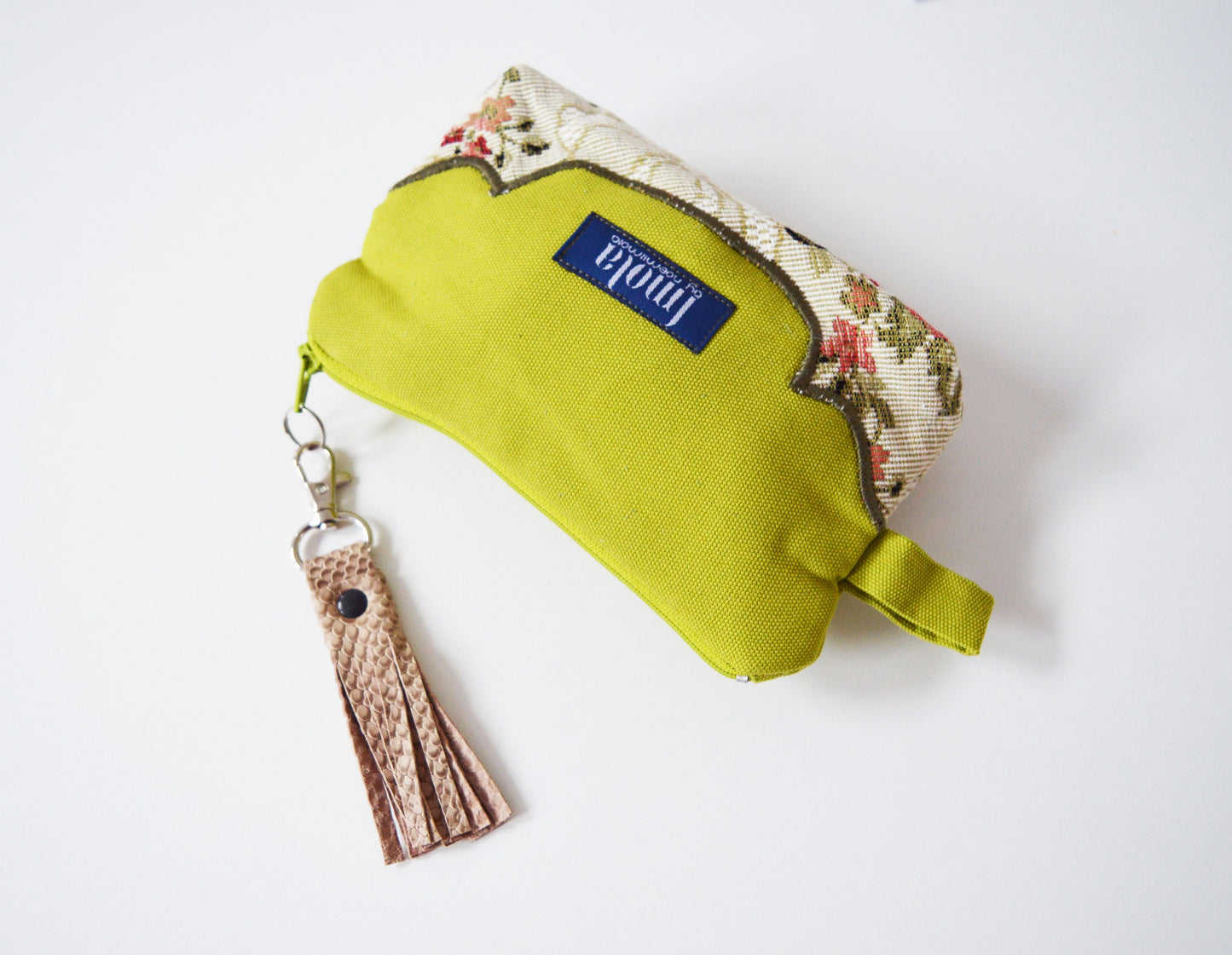 Cosmetic bag pouch pencil pouch beauty bag pencil case makeup bag zipper pouch lime green beige damask brocade leather tassel greenery
