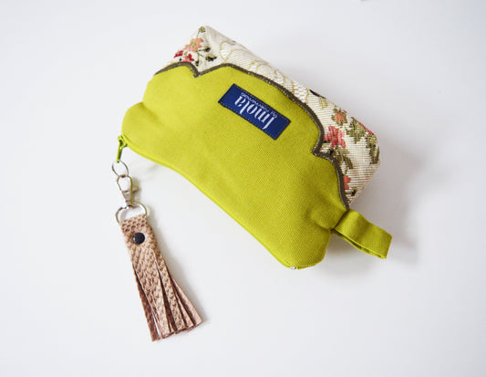 Cosmetic bag pouch pencil pouch beauty bag pencil case makeup bag zipper pouch lime green beige damask brocade leather tassel greenery