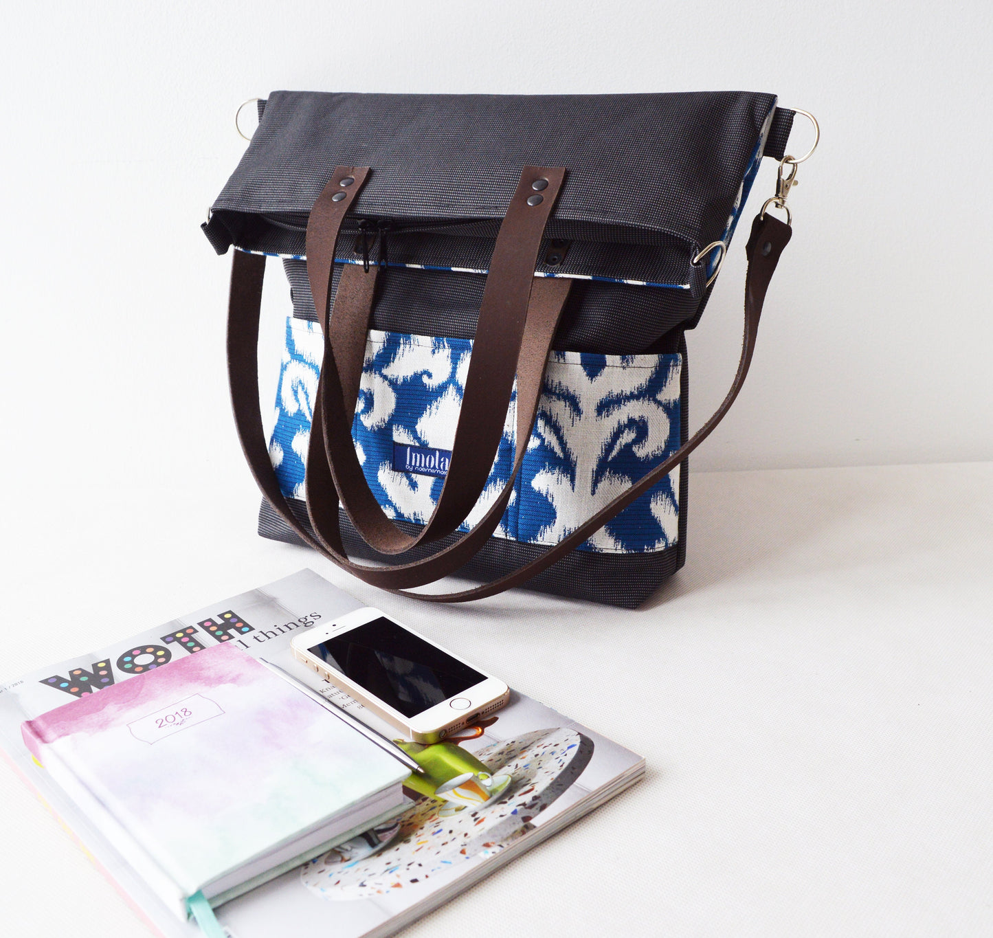 Large fold over canvas tote bag shopping bag casual fold over tote school bag baroque damask brocade book bag classy bag for women