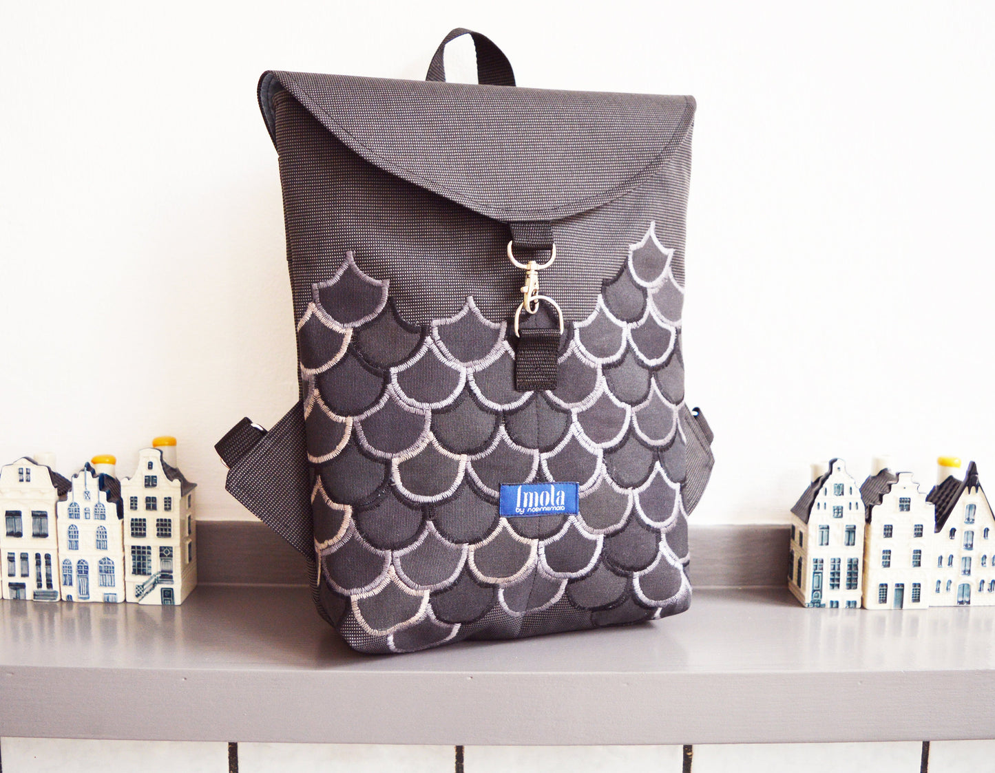 Backpack gray hipster backpack rucksack cycling bag everyday small mini backpack flakes fishscale applique mermaid pine cone OOAK