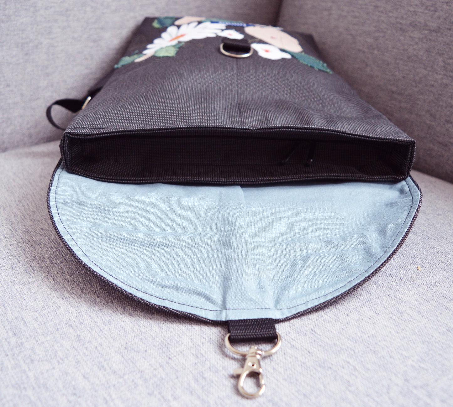 Backpack gray floral hipster backpack rucksack cycling bag everyday small mini backpack flowers applique daisy OOAK spring roses