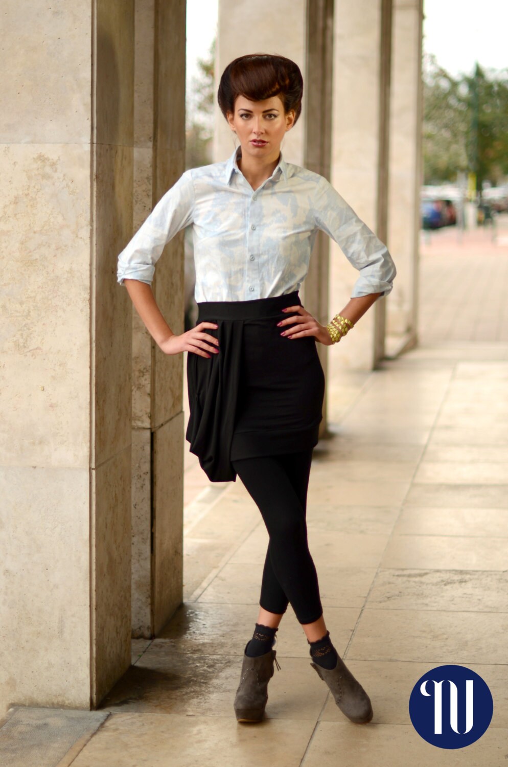 Marble classic ladies blouse bleached white blue long sleeves blouse office wear everyday classy blouse SALE!