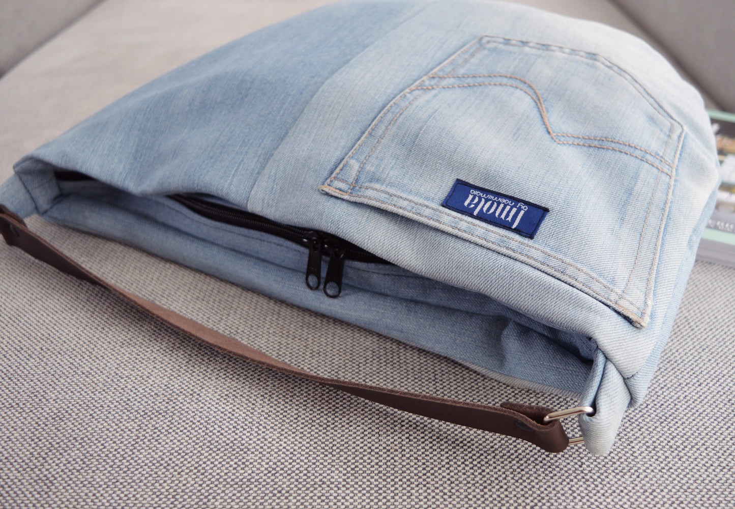 Large denim hobo bag light blue hobo tote bag with brown genuine leather strap for women shoulder bag handbag everyday bag