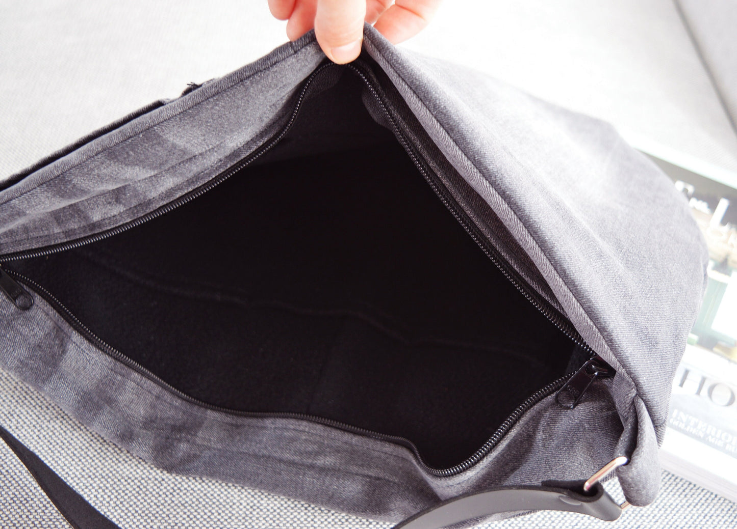 Large denim hobo bag gray hobo tote bag with black genuine leather strap for women shoulder bag handbag everyday bag