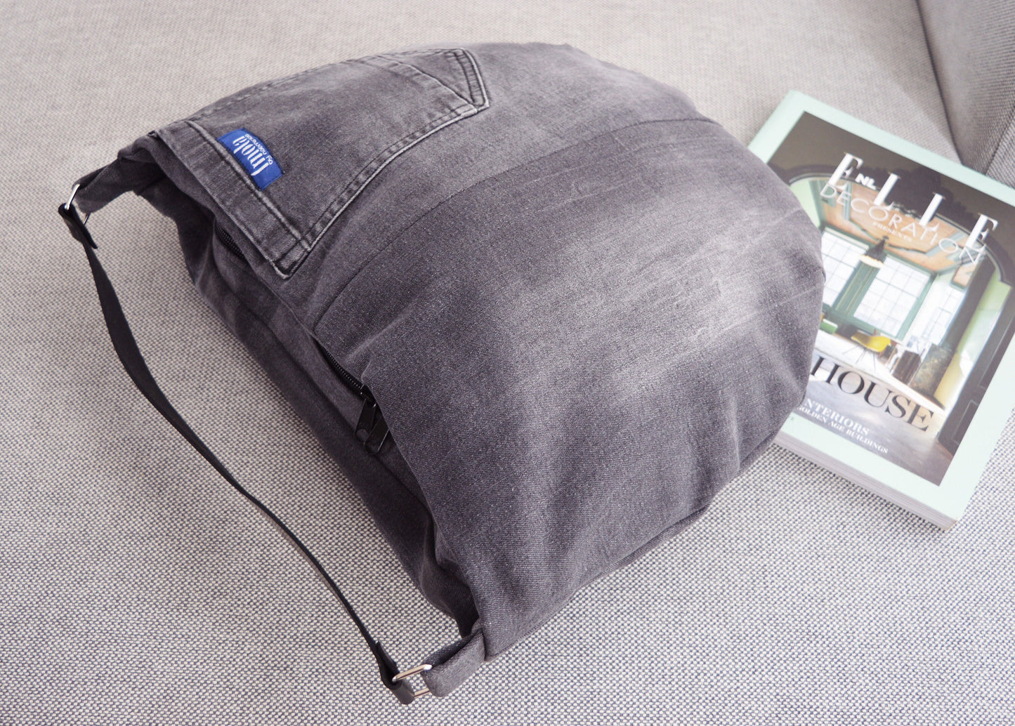 Large denim hobo bag gray hobo tote bag with black genuine leather strap for women shoulder bag handbag everyday bag