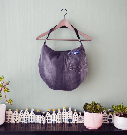 Large denim hobo bag gray hobo tote bag with black genuine leather strap for women shoulder bag handbag everyday bag