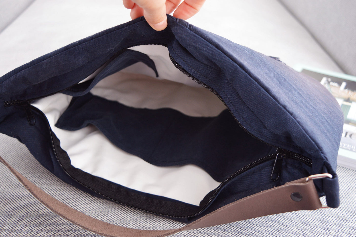 Large blue hobo bag tote bag with brown genuine leather strap for women shoulder bag handbag everyday bag purse recycled