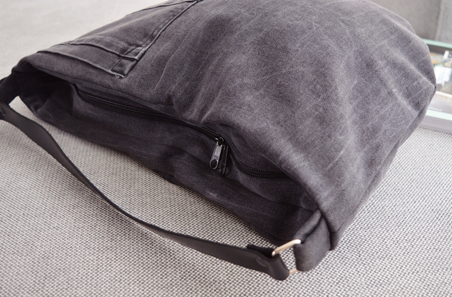 Large denim hobo bag dark gray hobo tote bag with black genuine leather strap for women shoulder bag handbag everyday bag