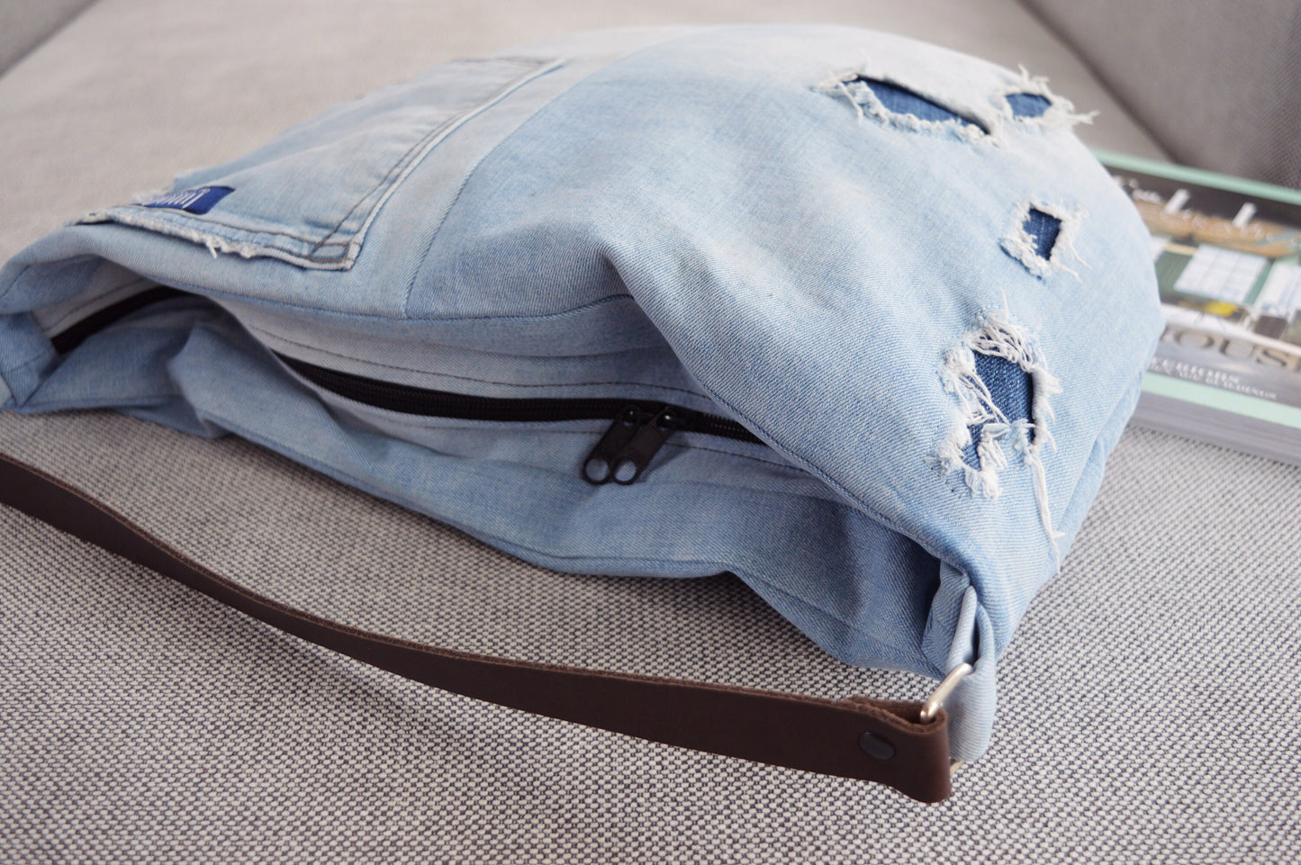 Large denim hobo bag light blue ripped jeans hobo tote bag with brown genuine leather strap for women shoulder bag handbag everyday bag