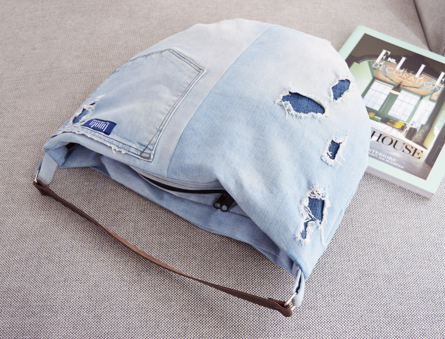 Large denim hobo bag light blue ripped jeans hobo tote bag with brown genuine leather strap for women shoulder bag handbag everyday bag