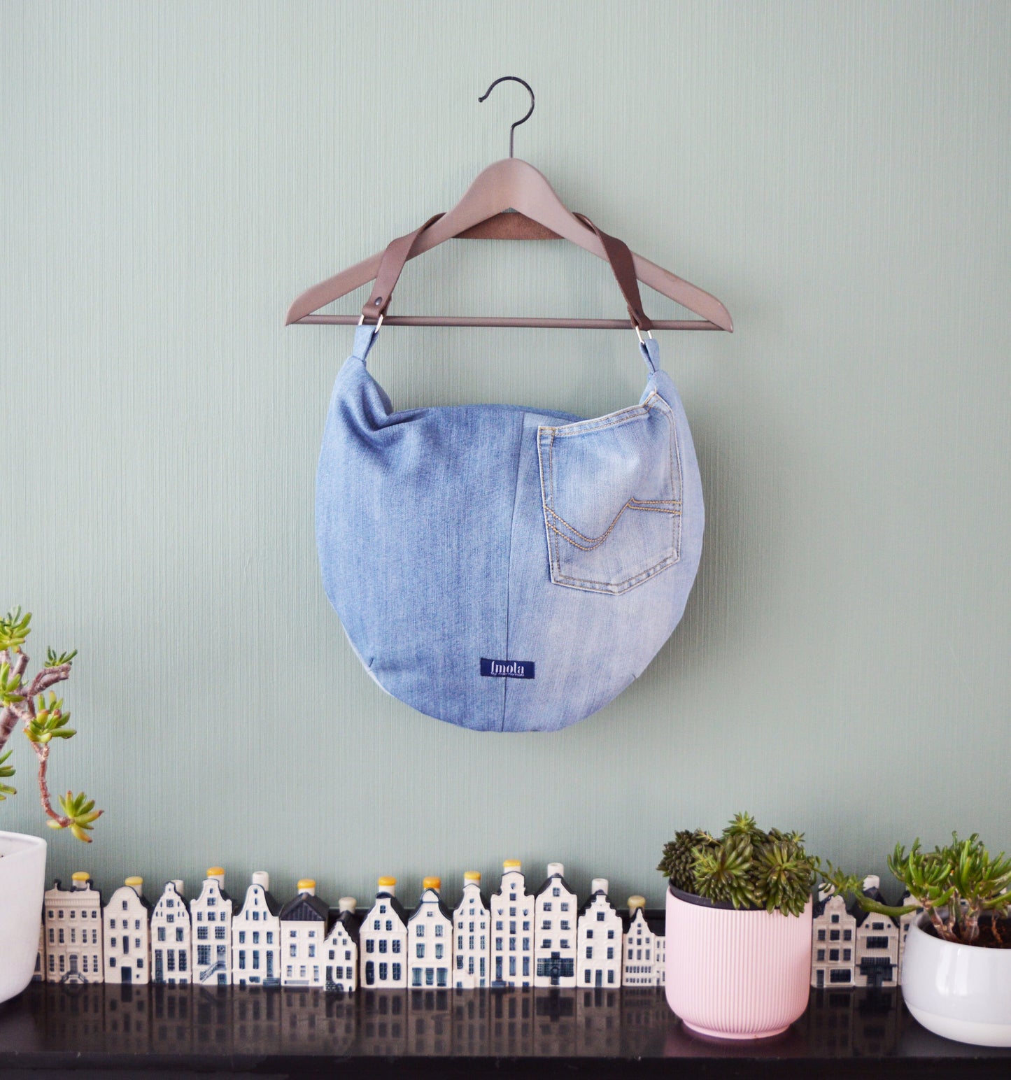 Large denim hobo bag light blue stonewashed hobo tote bag with brown genuine leather strap for women shoulder bag handbag everyday bag