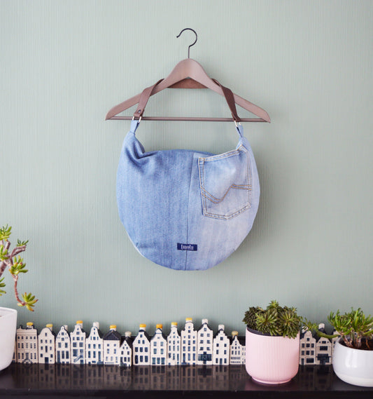 Large denim hobo bag light blue stonewashed hobo tote bag with brown genuine leather strap for women shoulder bag handbag everyday bag
