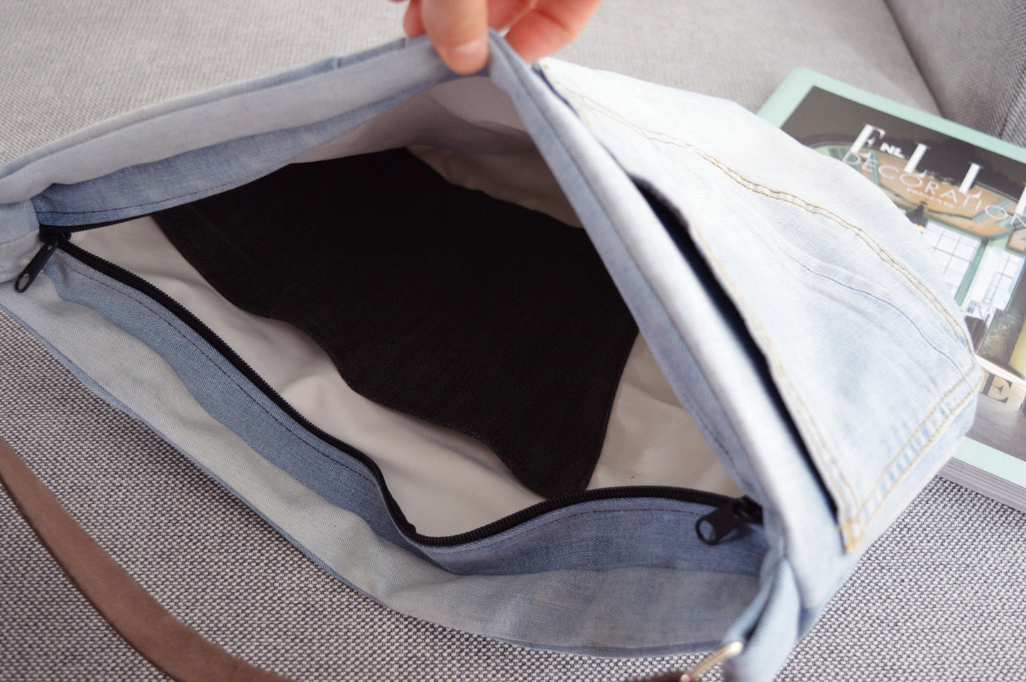 Large denim hobo bag stonewashed light blue hobo tote bag with brown genuine leather strap for women shoulder bag handbag everyday bag