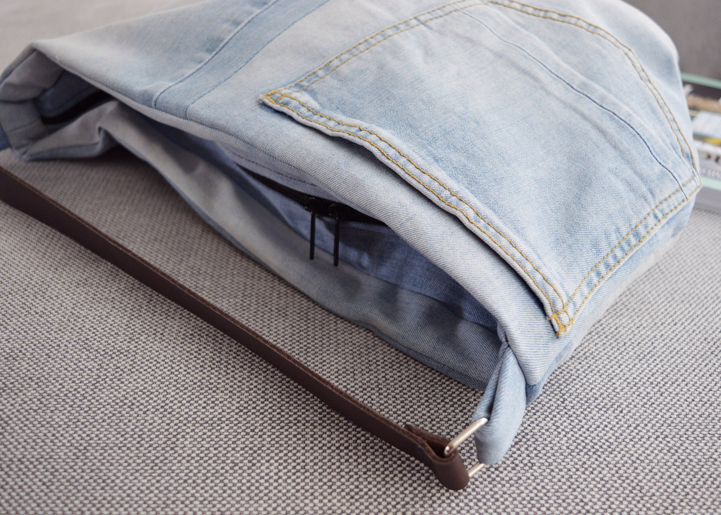 Large denim hobo bag stonewashed light blue hobo tote bag with brown genuine leather strap for women shoulder bag handbag everyday bag