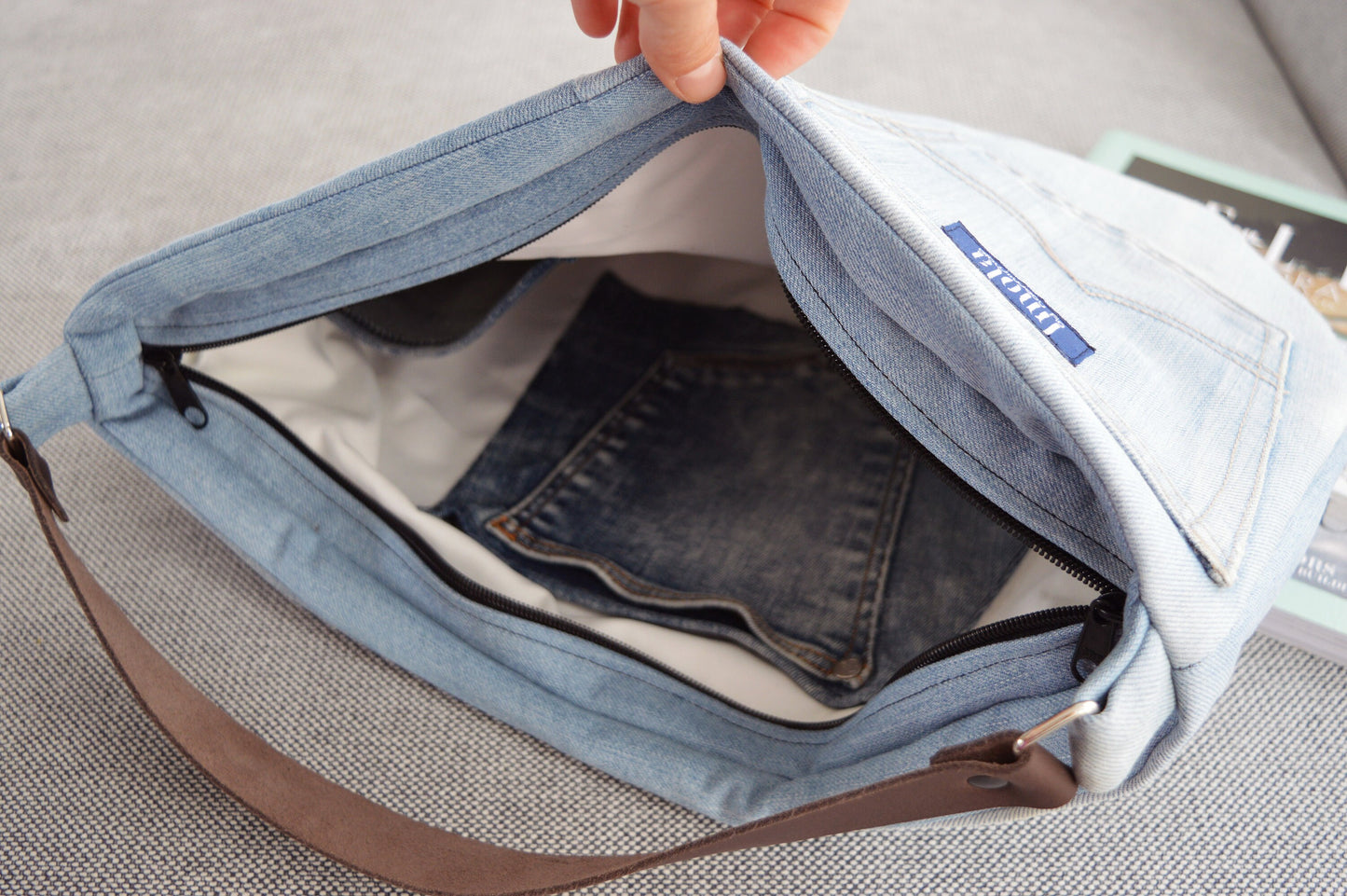 Large denim hobo bag light blue hobo tote bag with brown genuine leather strap for women shoulder bag handbag everyday bag