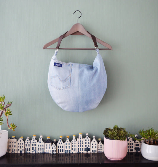 Large denim hobo bag light blue hobo tote bag with brown genuine leather strap for women shoulder bag handbag everyday bag