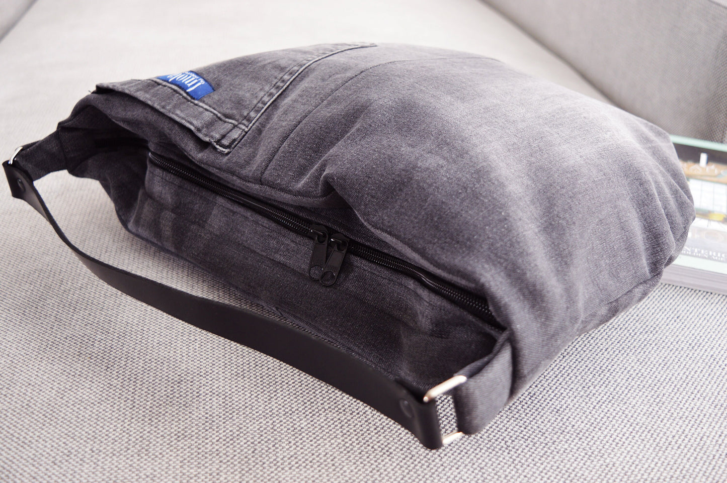 Large denim hobo bag gray hobo tote bag with black genuine leather strap for women shoulder bag handbag everyday bag