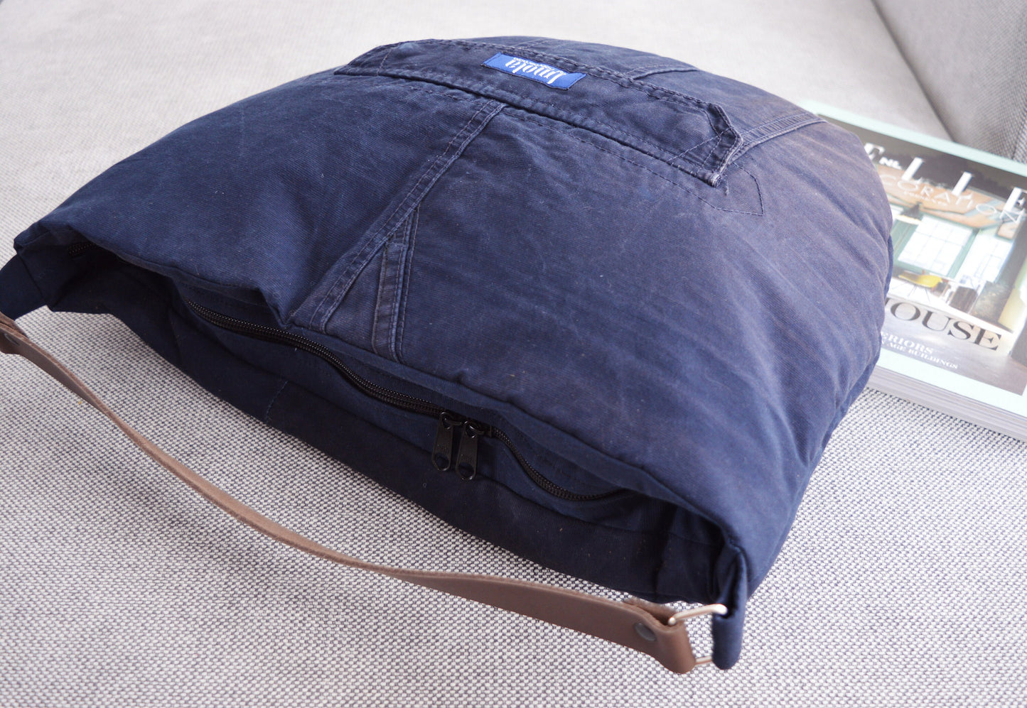 Large blue hobo bag tote bag with brown genuine leather strap for women shoulder bag handbag everyday bag purse recycled