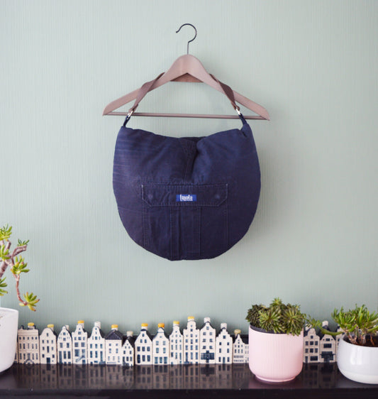 Large blue hobo bag tote bag with brown genuine leather strap for women shoulder bag handbag everyday bag purse recycled