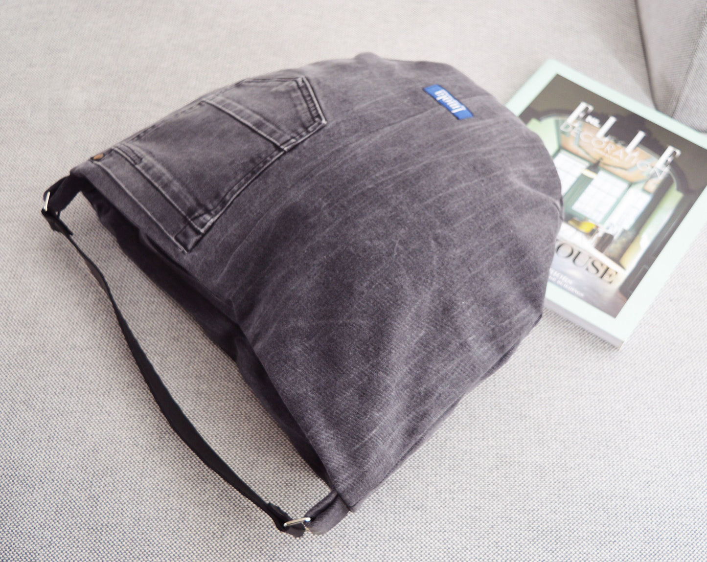 Large denim hobo bag dark gray hobo tote bag with black genuine leather strap for women shoulder bag handbag everyday bag