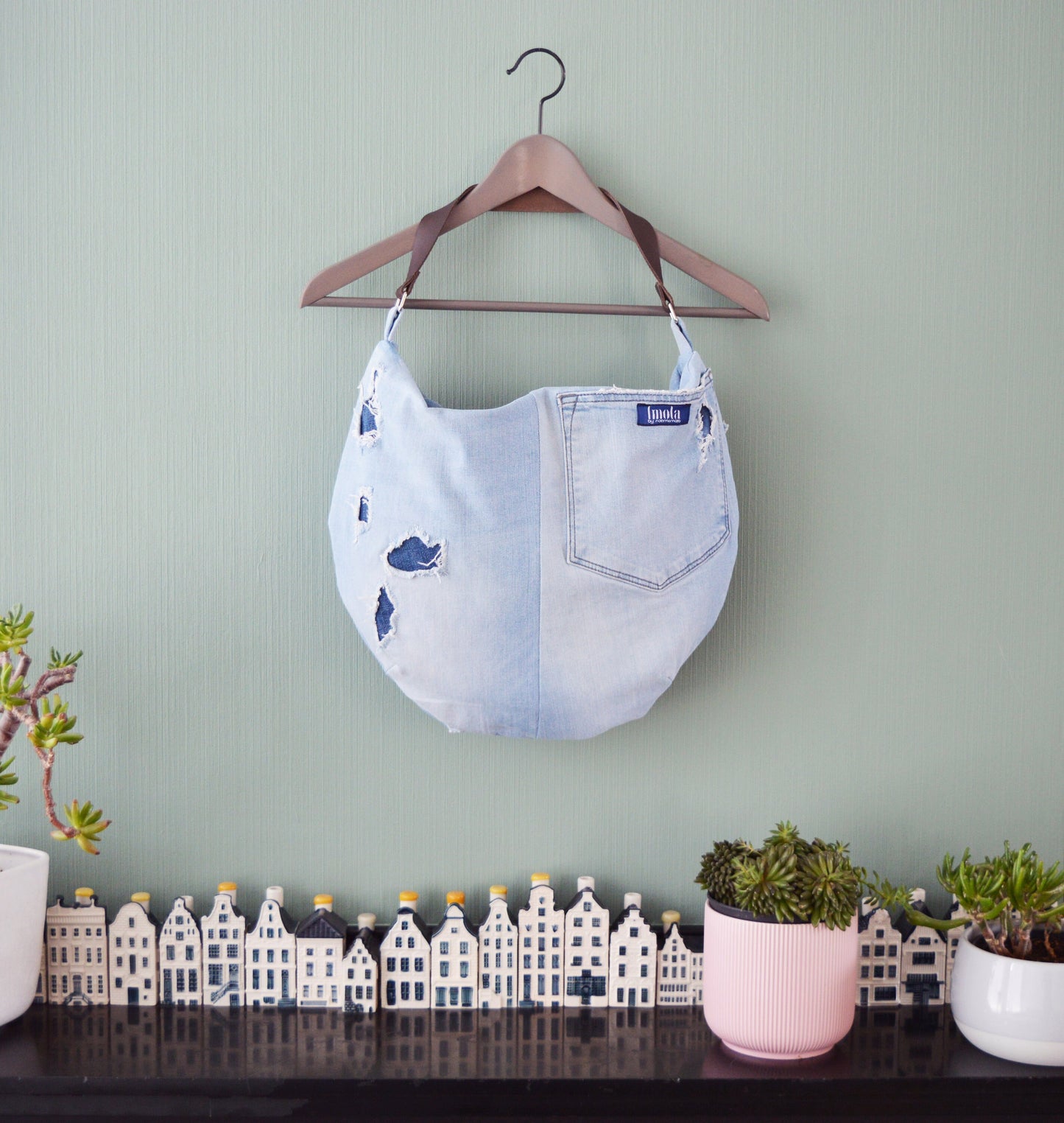 Large denim hobo bag light blue ripped jeans hobo tote bag with brown genuine leather strap for women shoulder bag handbag everyday bag