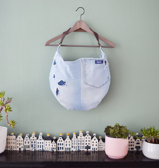 Large denim hobo bag light blue ripped jeans hobo tote bag with brown genuine leather strap for women shoulder bag handbag everyday bag