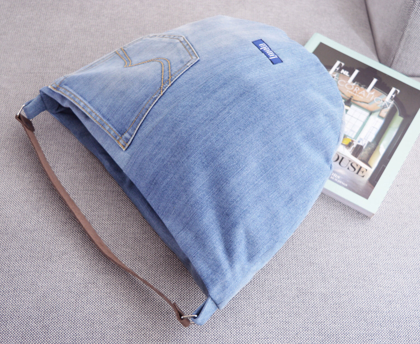 Large denim hobo bag light blue stonewashed hobo tote bag with brown genuine leather strap for women shoulder bag handbag everyday bag