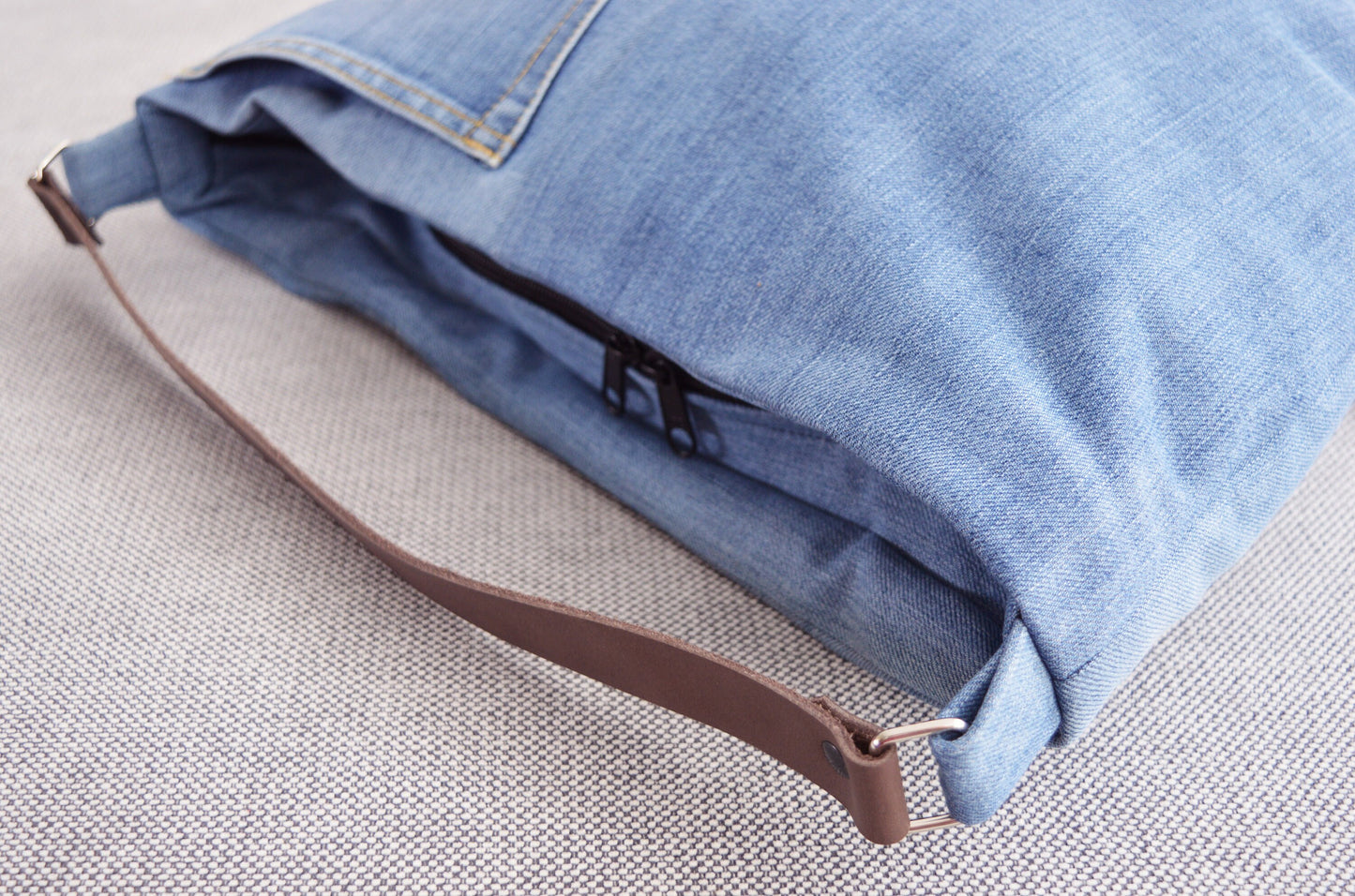 Large denim hobo bag light blue stonewashed hobo tote bag with brown genuine leather strap for women shoulder bag handbag everyday bag