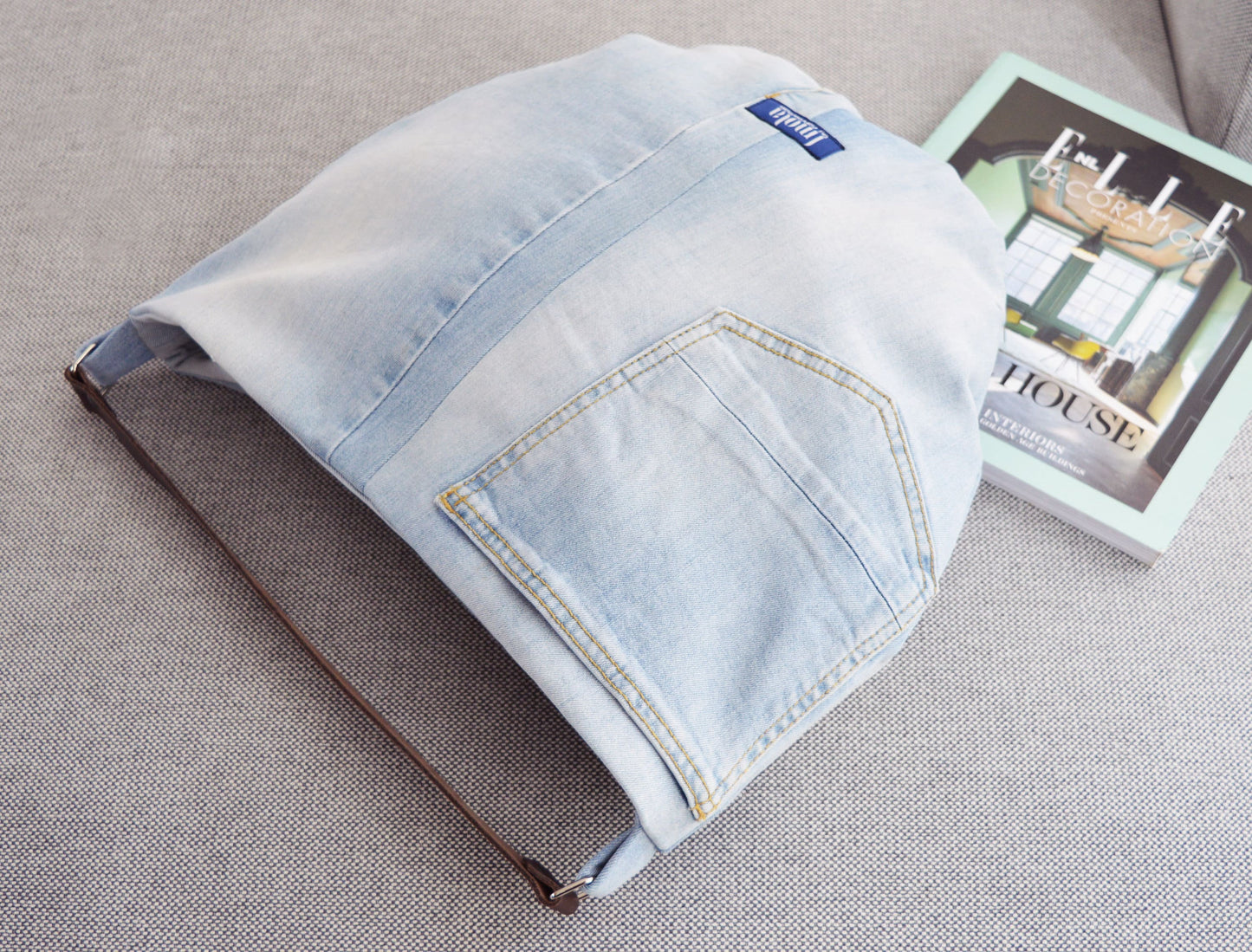 Large denim hobo bag stonewashed light blue hobo tote bag with brown genuine leather strap for women shoulder bag handbag everyday bag