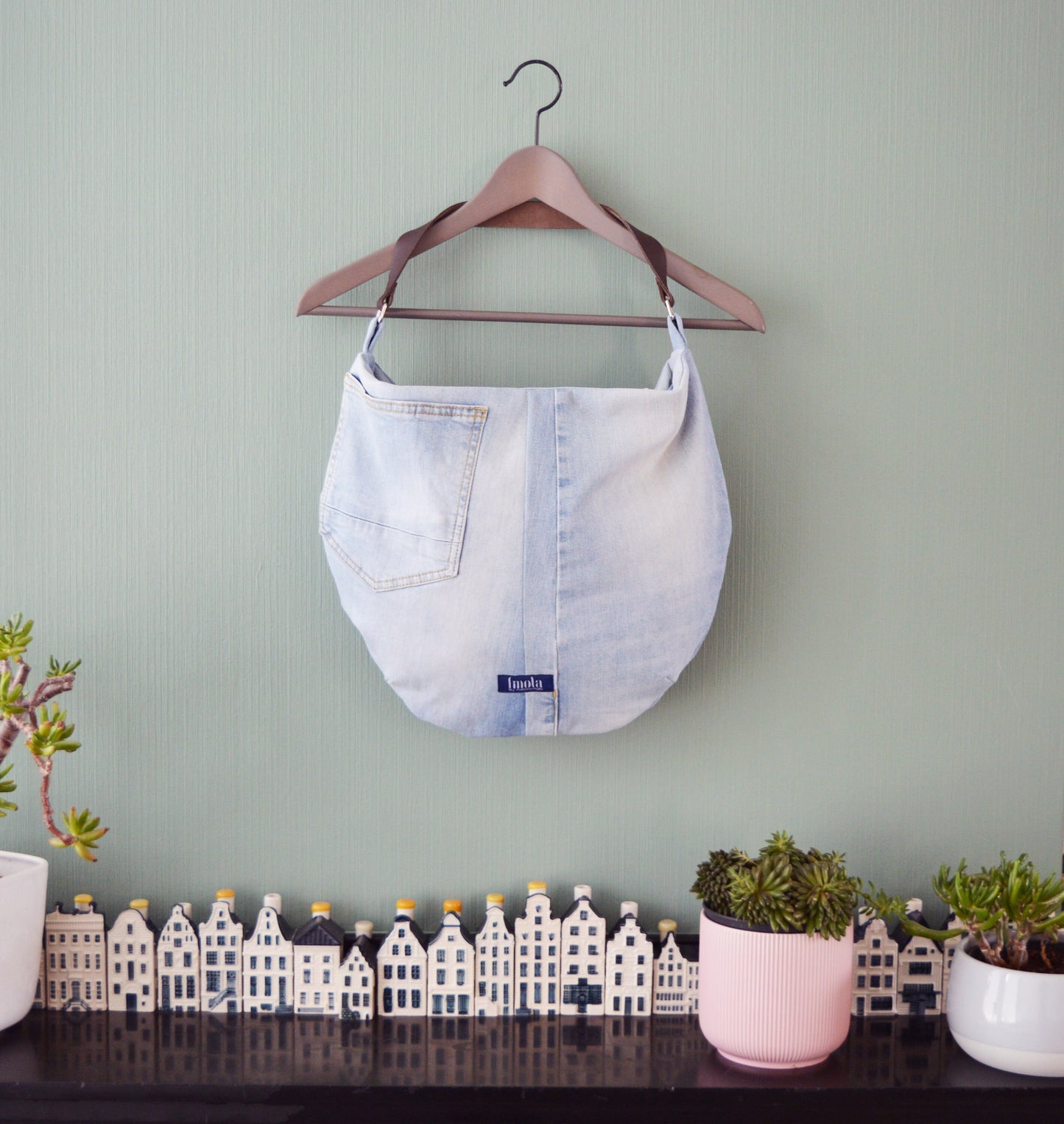 Large denim hobo bag stonewashed light blue hobo tote bag with brown genuine leather strap for women shoulder bag handbag everyday bag