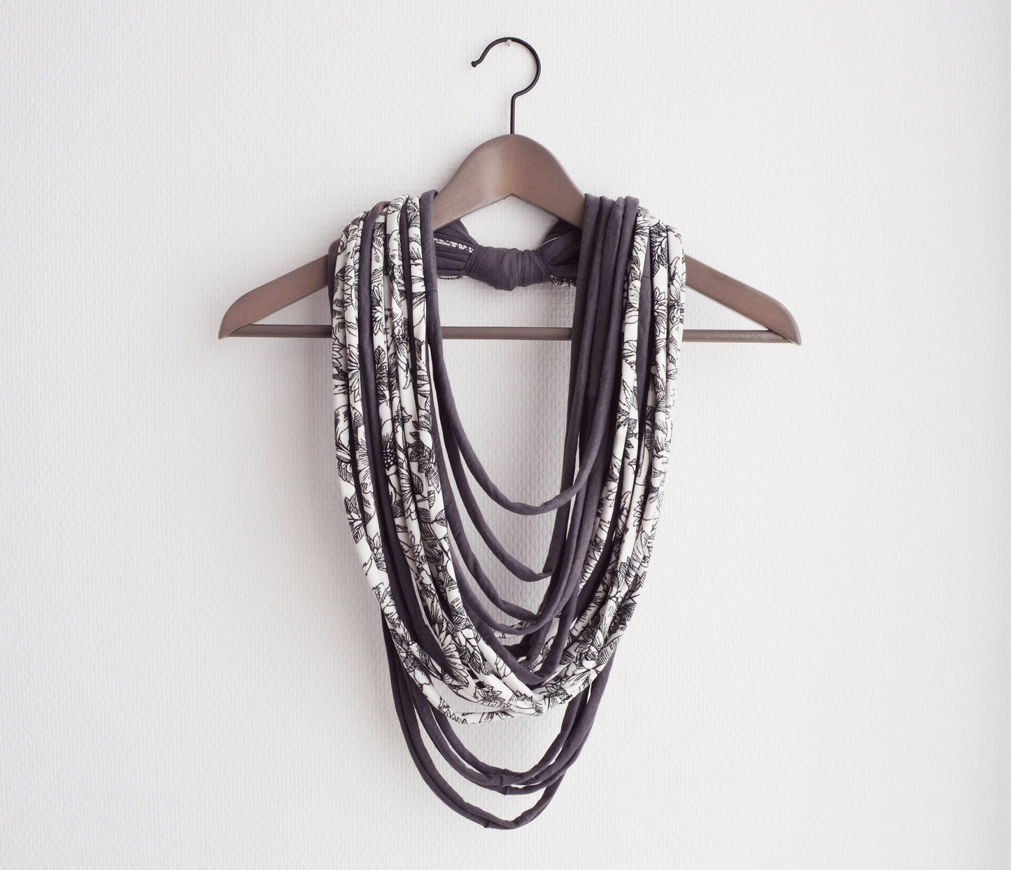 White gray necklace neck ornament loop scarf infinity scarf round scarf OOAK botanical pattern flowers upcycled t-shirt necklace