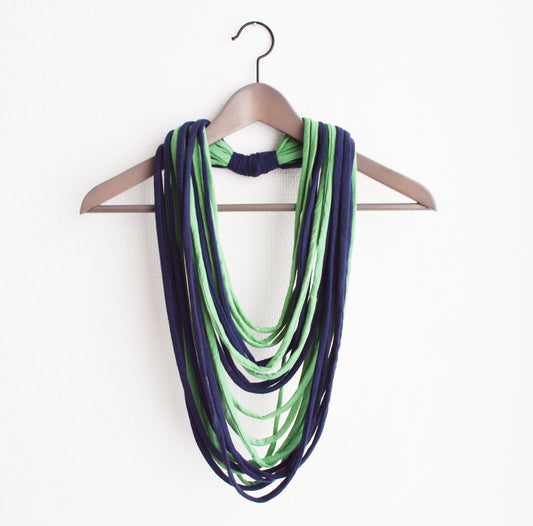 Green blue necklace neck ornament loop scarf infinity scarf round scarf playful upcycled eco-friendly