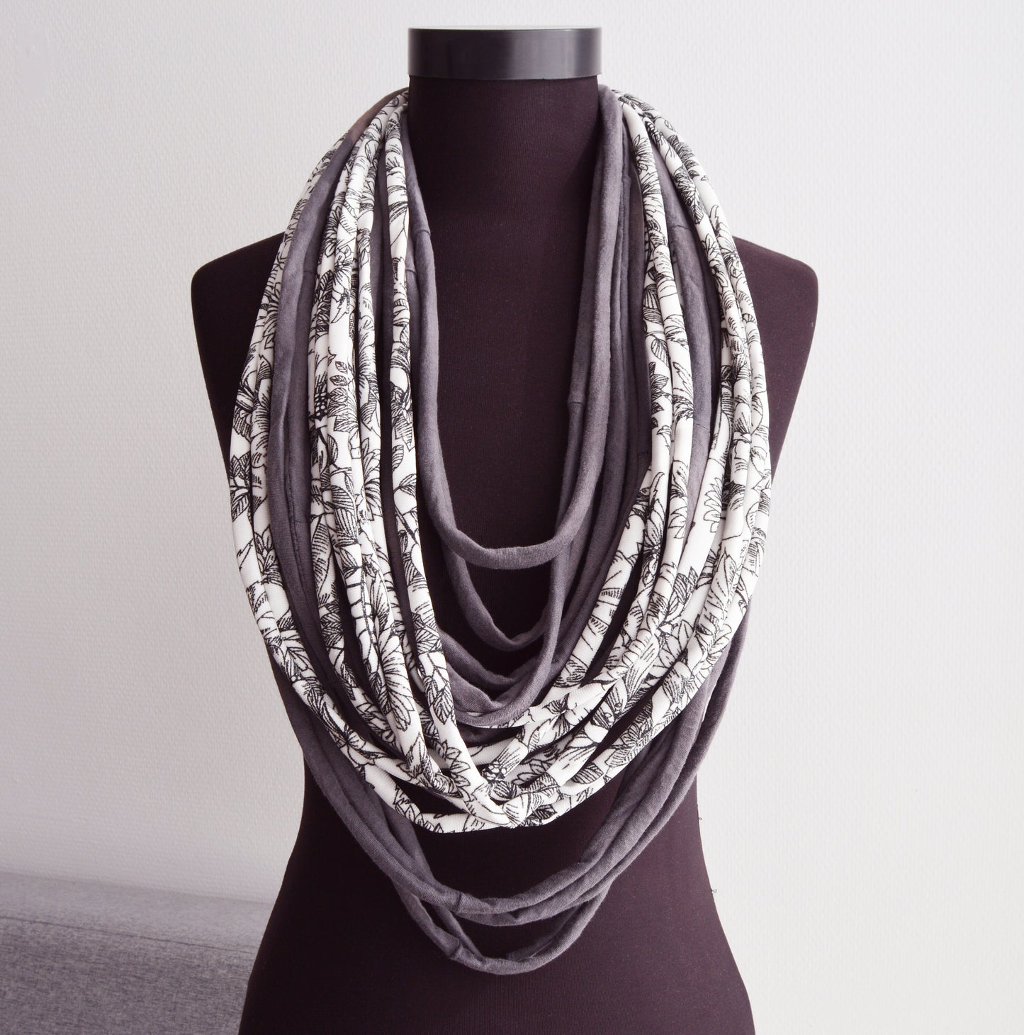 White gray necklace neck ornament loop scarf infinity scarf round scarf OOAK botanical pattern flowers upcycled t-shirt necklace