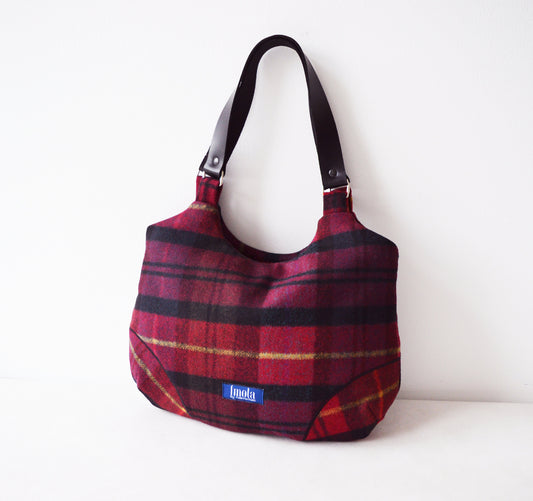 Plaid purse simple minimalist medium purse handbag shoulder bag canvas bag real genuine leather black straps elegant everyday purse marsala