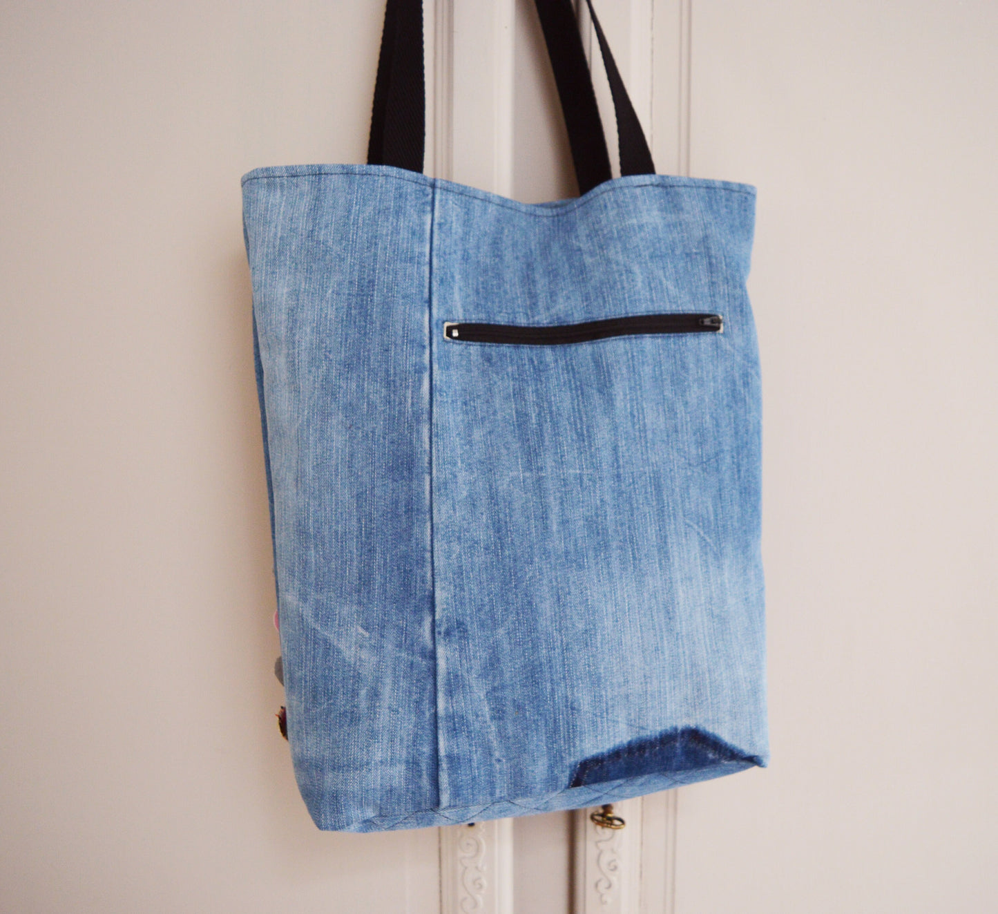 Colorful multi coloured canvas tote shopper bag beach bag blue recycled denim rainbow hearts vegan bag tote bag happy hippie fun bag