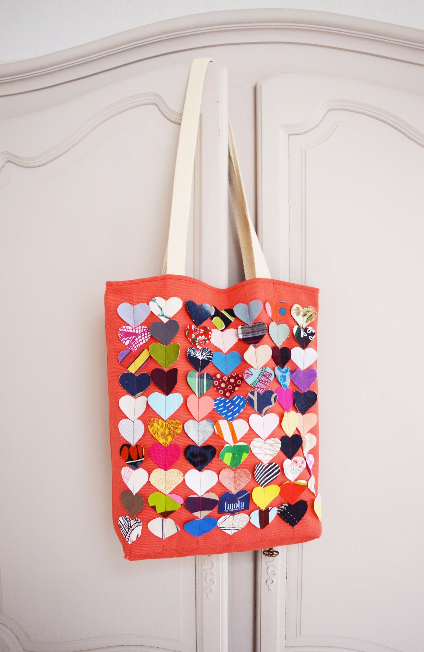Colorful multi coloured canvas tote shopper bag beach bag orange rainbow hearts vegan bag tote bag happy hippie fun bag
