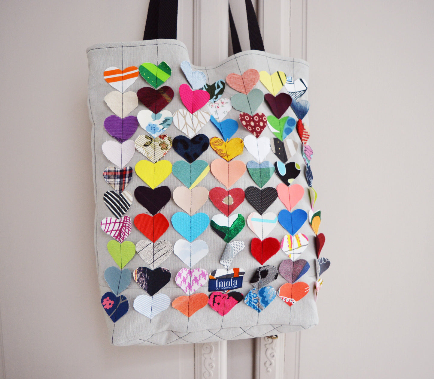 Colorful multi coloured canvas tote shopper bag beach bag grey rainbow hearts vegan bag tote bag happy hippie fun bag