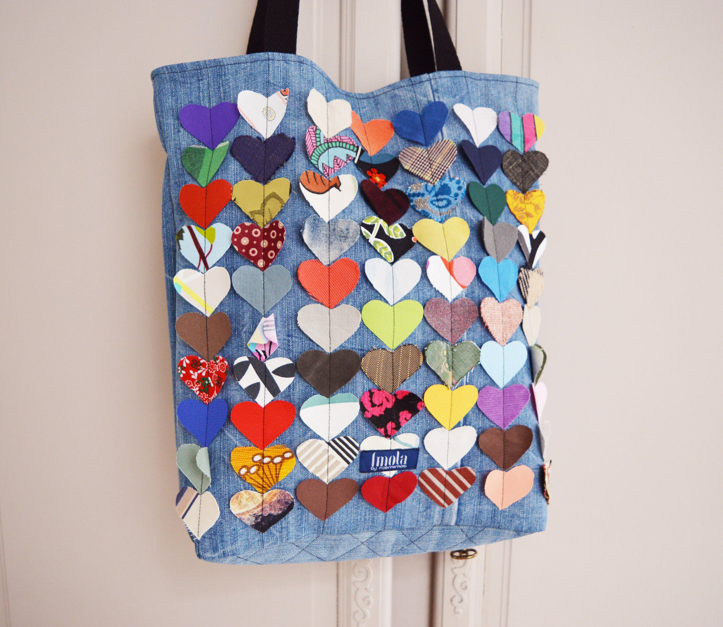 Colorful multi coloured canvas tote shopper bag beach bag blue recycled denim rainbow hearts vegan bag tote bag happy hippie fun bag