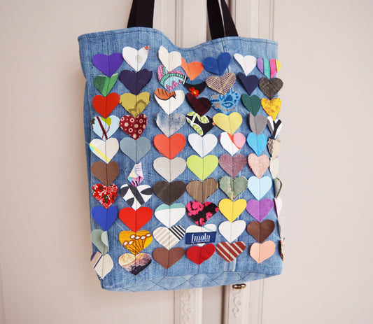 Colorful multi coloured canvas tote shopper bag beach bag blue recycled denim rainbow hearts vegan bag tote bag happy hippie fun bag