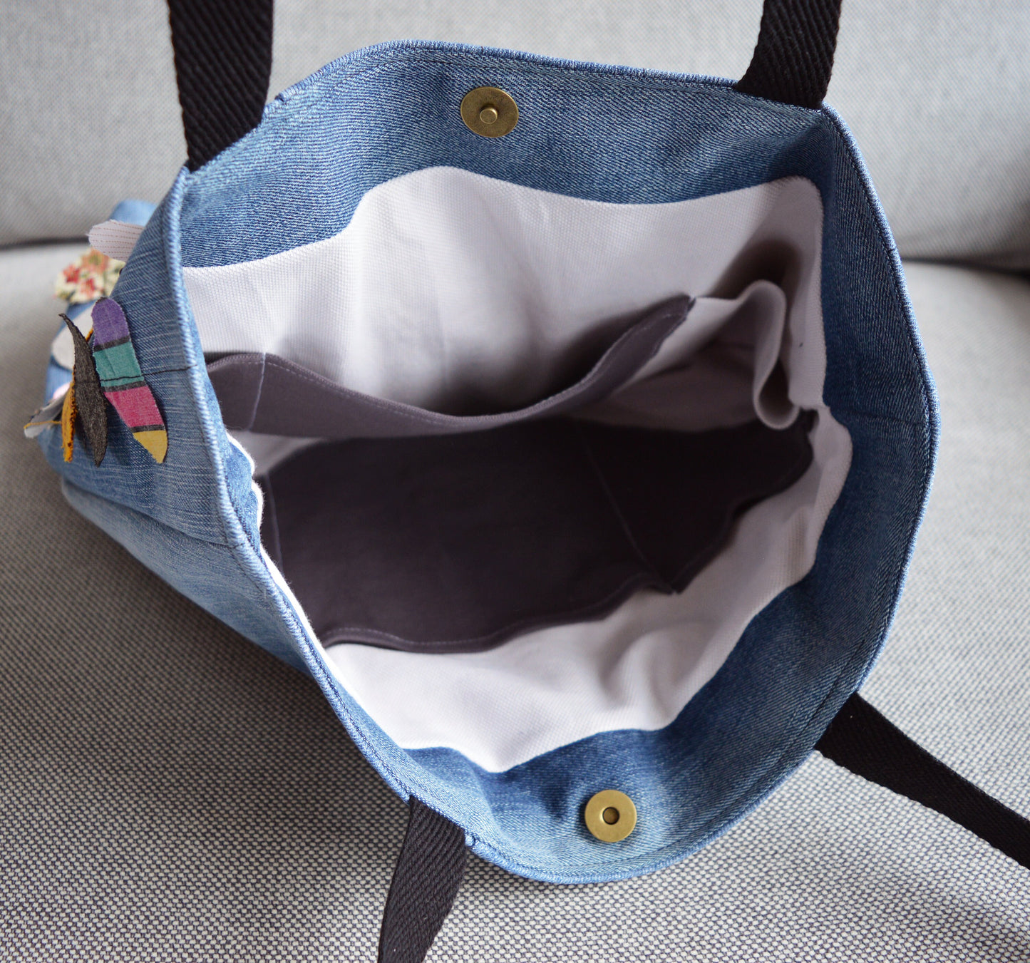 Colorful multi coloured canvas tote shopper bag beach bag blue recycled denim rainbow hearts vegan bag tote bag happy hippie fun bag