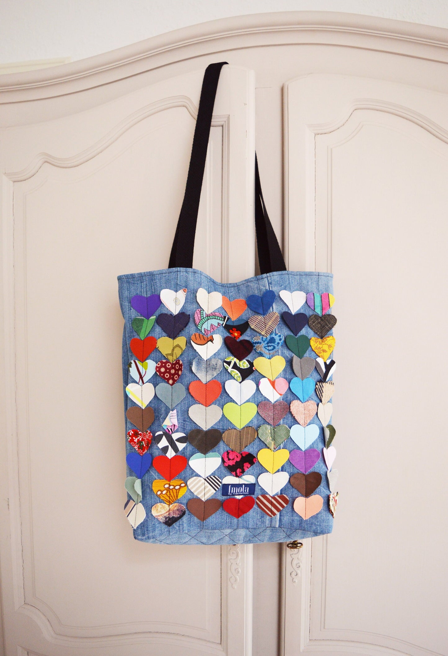 Colorful multi coloured canvas tote shopper bag beach bag blue recycled denim rainbow hearts vegan bag tote bag happy hippie fun bag