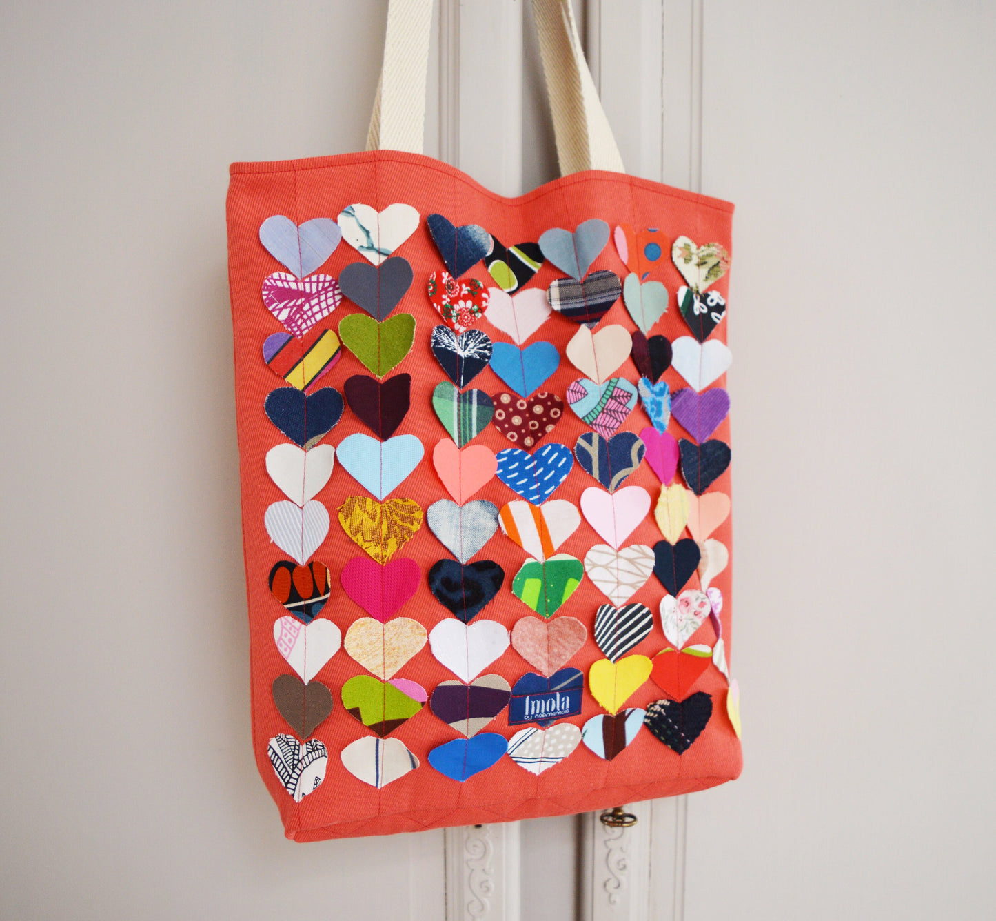 Colorful multi coloured canvas tote shopper bag beach bag orange rainbow hearts vegan bag tote bag happy hippie fun bag