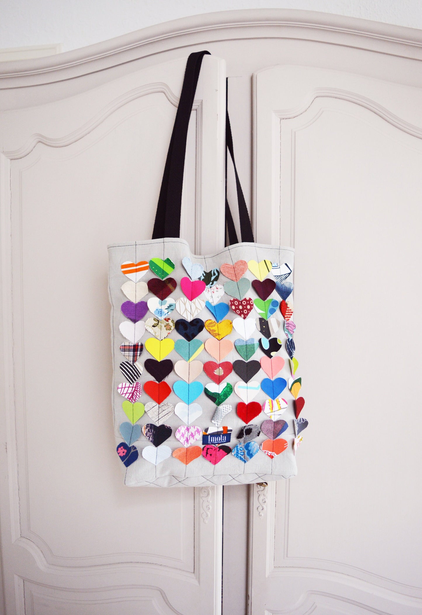 Colorful multi coloured canvas tote shopper bag beach bag grey rainbow hearts vegan bag tote bag happy hippie fun bag