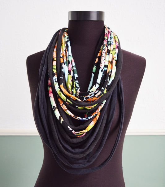 Tropical black necklace neck ornament loop scarf infinity scarf round scarf playful upcycled eco-friendly t-shirt necklace floral